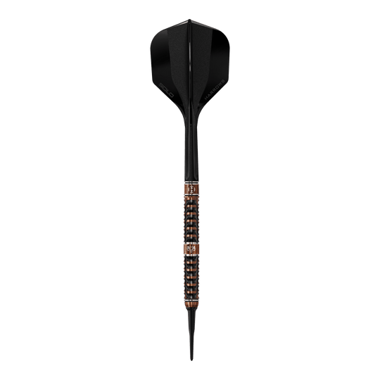 Die Abbildung zeigt Harrows Wolfram Trinity Softdarts. Die Softdarts werden aus der Nähe präsentiert.