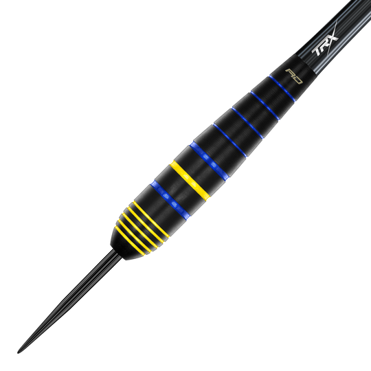 Red Dragon Luke Humphries, campione del mondo di freccette in ottone e acciaio Das Bild zeigt einen Red Dragon Luke Humphries World Champion Brass Steeldart. Der Dart ist schwarz mit blauen und gelben Ringen verziert.