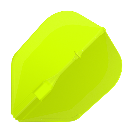 Voli L-L-Style3EZ Das Bild zeigt eine neon-gelbe Dartflügel. Die Oberfläche ist glatt und hat eine auffällige, leuchtende Farbe.