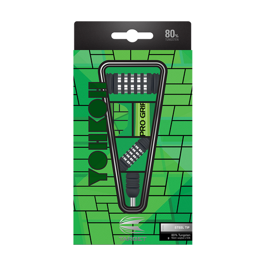 190143_Target_Yohkoh_02_Steeldarts_3 Das Bild zeigt die Verpackung der "Target Yohkoh 02 Steeldarts". Die Verpackung ist grün gestaltet und hebt hervor, dass die Darts zu 80 % aus Tungsten bestehen.