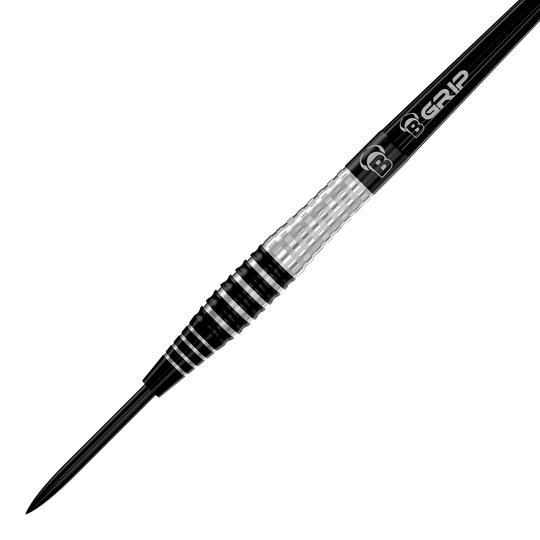Bulls Martin Schindler Original Generation 3 freccette in acciaio Das Bild zeigt den Bulls Martin Schindler Original Generation 3 Steeldart. Der Dart hat ein silber-schwarzes, geriffeltes Griffstück und eine spitze Metallspitze.