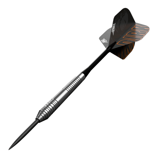 Bulls NL Dirk Van Duijvenbode 80 freccette in acciaio Dies ist ein Steeldart aus der Serie "Bulls NL Dirk Van Duijvenbode 80". Der Dart hat ein silbernes, geriffeltes Barrel und schwarze Flights mit orangefarbener Aufschrift.