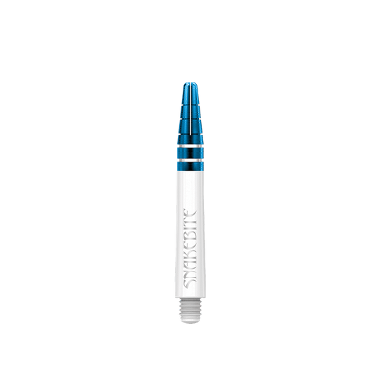 C802_Red_Dragon_Nitrotech_Peter_Wright_White_Blue_Shafts_39mm_183JVWw6h3JgDB Das Bild zeigt einen Red Dragon Nitrotech Peter Wright Blue Shaft mit einer Länge von 39 mm. Der Shaft ist in den Farben Blau und Silber gehalten und trägt die Aufschrift "Snakebite".