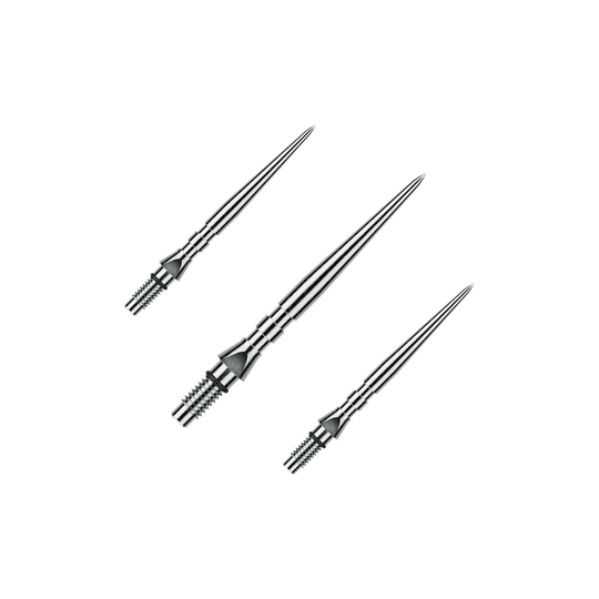 Punte per freccette in acciaio Winmau Switch Point Groove - Effetto argento Auf dem Bild ist ein Set von silbernen Steeldartspitzen mit Rillen zu sehen, wahrscheinlich 'Switch Point Groove Silver Effect' und 26mm lang. Das Set ist für den Einsatz bei Steeldarts gedacht.