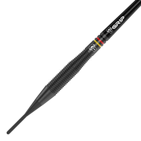 Bulls Martin Schindler The Wall freccette morbide in ottone nero - 18 g Das Bild zeigt einen schwarzen Softdart mit auffälligen Rillen für besseren Halt. Auf dem Dart sind außerdem farbige Ringe und die Aufschrift "B GRIP" zu sehen.