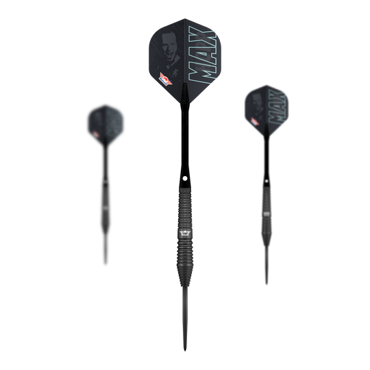 Bulls NL Max Hopp freccette in acciaio nero Das Bild zeigt die Bulls NL Max Hopp Black Steeldarts. Es handelt sich um ein Set von hochwertigen Steeldarts für Präzisionsspiel.