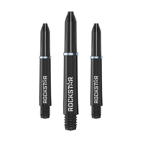 Winmau Joe Cullen Rockstar Nylon Alberi Neri Das Bild zeigt drei schwarze Dartschäfte mit der Aufschrift "ROCKSTAR". Sie sind jeweils mit einem silbernen Metallring versehen.