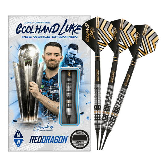 Freccette morbide Red Dragon Luke Humphries Prestige - 20 g Auf dem Bild sind die Red Dragon Luke Humphries Prestige Softdarts mit 20g Gewicht zu sehen. Die Verpackung zeigt ein Bild von Luke Humphries und die Darts sind schwarz mit silbernen und goldenen Details.
