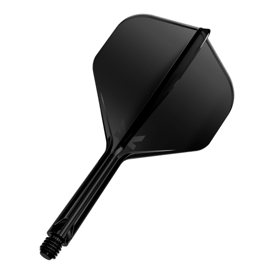 Target K-Flex No2 Standard Flight System - Nero Dies ist ein schwarzer Dartflight mit Schaft. Er hat eine glatte Oberfläche und eine klassische, standardisierte Form.