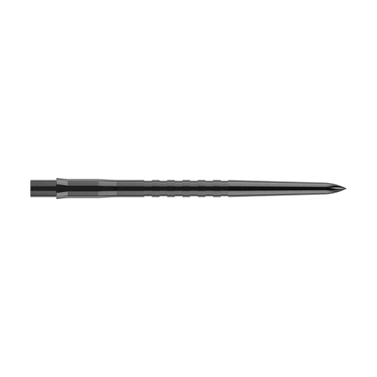 Punte per freccette Mission Caliburn EVO - Scanalate - Nere Das Bild zeigt eine schwarze, gerillte Steeldartspitze. Sie ist lang und schmal mit einer scharfen Spitze.