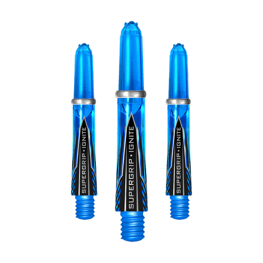 HR386_Harrows_Supergrip_Ignite_Shafts_Aqua_33mm_1PNcec4NZztQnN Das Bild zeigt drei blaue Harrows Supergrip Ignite Shafts in der Farbe Aqua. Die Shafts haben ein modernes Design mit dem Schriftzug "SUPERGRIP IGNITE" auf der Vorderseite.