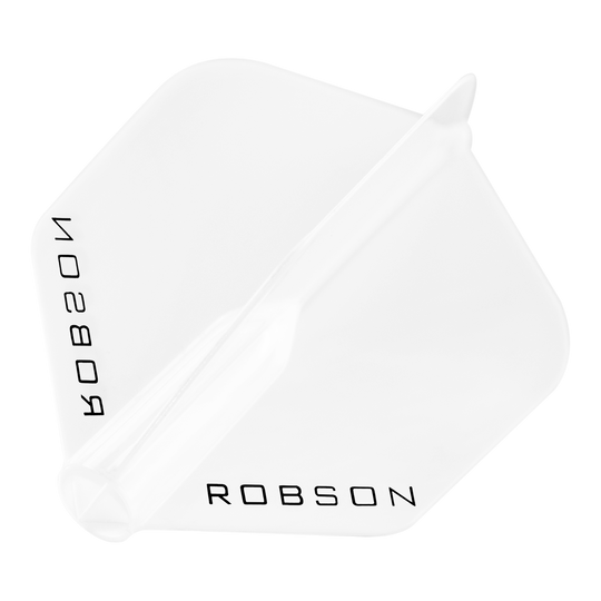 Voli Robson Plus - Standard Das Bild zeigt einen klaren Dart-Flügel mit der Aufschrift "ROBSON". Der Flügel hat eine standardmäßige, sechseckige Form.