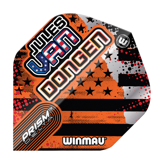 Voli standard Winmau Prism Delta Jules Van Dongen Das Bild zeigt ein Winmau Prism Delta Dart-Flight mit dem Namen "Jules Van Dongen". Das Flight-Design enthält auffällige Farben, Sterne und Streifen sowie den Schriftzug "Winmau".
