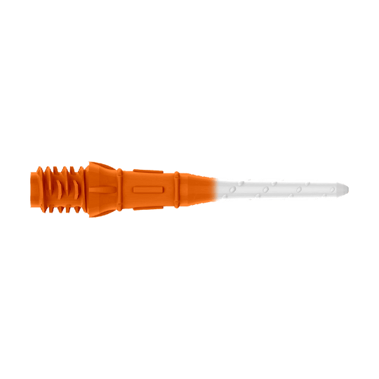 L-Style Premium Two Tone Lippoints (confezione da 30) Das Bild zeigt eine zweifarbige Kunststoffspitze, die auf einer Seite orange und auf der anderen weiß ist. Es handelt sich um eine Ersatzspitze für ein elektronisches Dart.