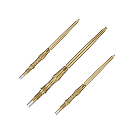 Punte per freccette Target Swiss Point Signature RST - Oro Das Bild zeigt ein Set von Target Swiss Point Dartspitzen Signature RST in Gold, 42mm. Das Set enthält mehrere identische Dartspitzen mit strukturierter Oberfläche.