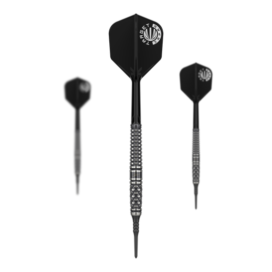 Target Japan Paul Lim The Legend GEN8 Freccette morbide - 19 g Das Bild zeigt drei schwarze Softdarts des Modells "Target Japan Paul Lim The Legend GEN8 - 19g". Die Darts haben silberne Griffringe und schwarze Flights mit weißem Logo.