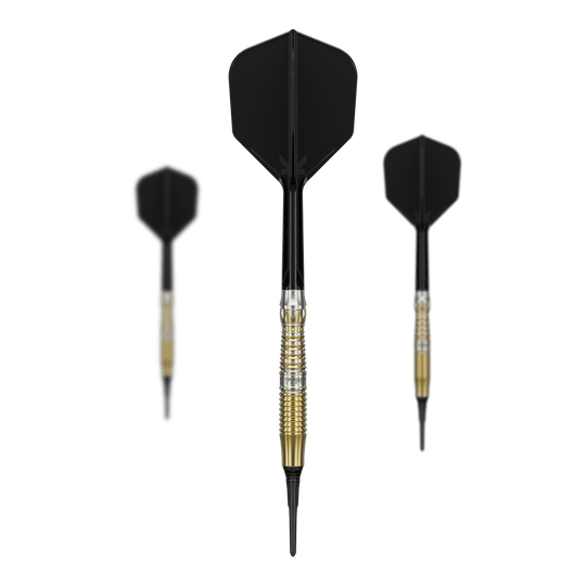 Set der Target Black Marque Enzo Softdarts - 18g abgebildet. Das Set beinhaltet mehrere schwarze Softdarts für exaktes Spiel.