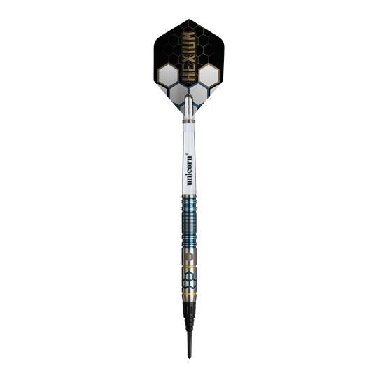 Freccette morbide Unicorn Hexium Style 02 Blu e Oro - 21 g Hier sieht man die Unicorn Hexium Style 02 Blue & Gold Softdarts - 21g. Die Darts sind in Blau und Gold gehalten.