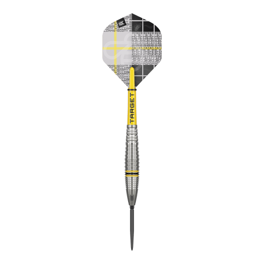 Freccette in acciaio Target Scott Williams GEN2 Swiss Point Dieses Bild zeigt einen Target Scott Williams GEN2 Swiss Point Steeldart. Der Dartpfeil hat ein silbernes Griffstück mit gelben Akzenten und ein individuell gestaltetes Flight-Design.
