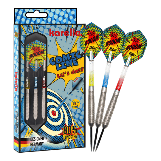 Freccette in acciaio Karella Comic Line CL-4 - 23 g Das Bild präsentiert die Karella Comic Line CL-4 Steeldarts mit einem Gewicht von 23g. Diese Darts sind robust und für ambitionierte Spieler konzipiert.