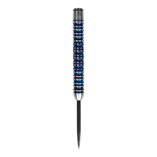 Barili di freccette in acciaio McDart Ocean - 23 g Das Bild zeigt ein McDart Ocean Steeldart Barrel mit einem Gewicht von 23g. Der Barrel hat ein silber-blaues Design mit Rillen und einem spitzen Ende.