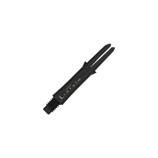 Alberi in carbonio stile L Das Bild zeigt einen schwarzen Carbon-Dartshaft ohne Kappen mit der Aufschrift "L-style". Der Schaft ist 32 mm lang und hat ein Schraubgewinde am Ende.