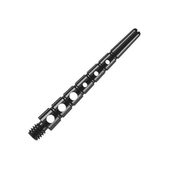 901941_Harrows_Graflite_Shafts_Schwarz_2 Das Bild zeigt einen Harrows Graflite Shaft mit einer Länge von 41 mm. Der Shaft ist schwarz und hat mehrere runde Aussparungen entlang seines Körpers.