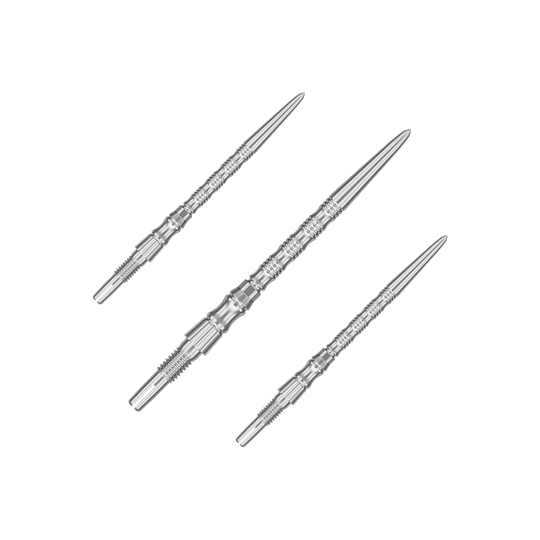 Punte per freccette Target Signature Swiss Point TRB in acciaio - argento Silberne Dartspitzen mit einer Länge von 35 mm sind abgebildet. Das Bild zeigt ein Set der Target SwissPoint Signature TRB Dartspitzen.