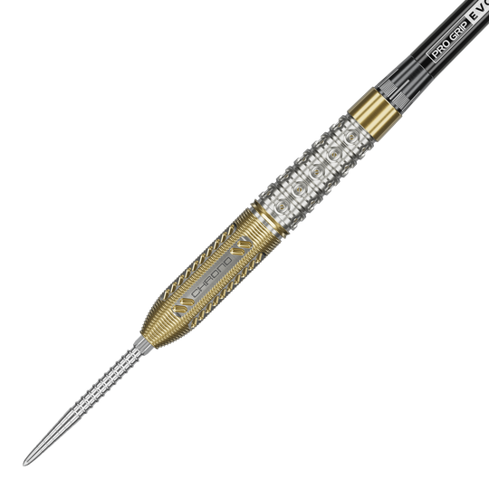 Das Bild zeigt einen Steeldart aus der Produktreihe "Target Raymond Van Barneveld Chrono 95 Swiss Point". Der Dartpfeil hat ein silbernes und goldenes Griffstück mit detaillierten Gravuren und Mustern.