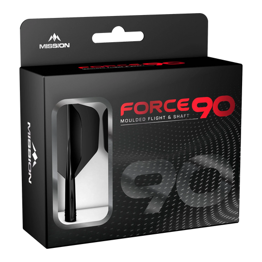 Sistema di alberi di volo Mission Force 90 No6 - Nero Die Abbildung zeigt die Verpackung des Produkts "Mission Force 90 No6 Flight-Shaft-System - Schwarz". In der Box befindet sich ein schwarzes Flight- und Shaft-System für Darts.