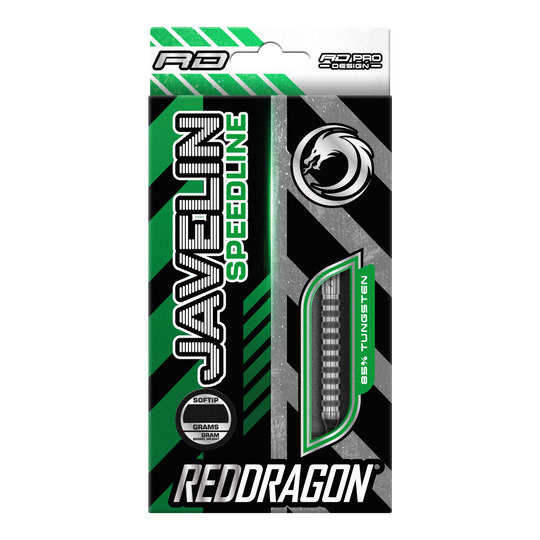 Freccette morbide Red Dragon Javelin Speedline - 20 g Die Verpackung zeigt die "Red Dragon Javelin Speedline Softdarts" mit 20 Gramm Gewicht. Das Design ist grün, schwarz und silbern und hebt 85% Tungsten hervor.