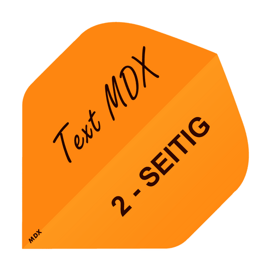 MD-404_2-Seitig_Bedruckte_Flights_Wunschtext_MDX_Orange_Standard_1 Das Bild zeigt einen orangefarbenen Dart-Flight mit dem Aufdruck „Text MDX“ und „2-SEITIG“. Es handelt sich um ein Beispiel für individuell bedruckbare Flights des Produkts „10 Satz Bedruckte Flights 2-Seitig - Wunschtext - MDX Standard“.