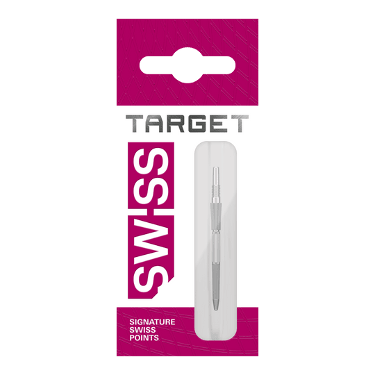 Punte per freccette Target Elysian Archetype 43 Swiss Point in acciaio - Argento Diese Grafik zeigt drei silberne Dartspitzen mit einer Länge von 30mm. Sie sind für das Swiss Point System konzipiert.