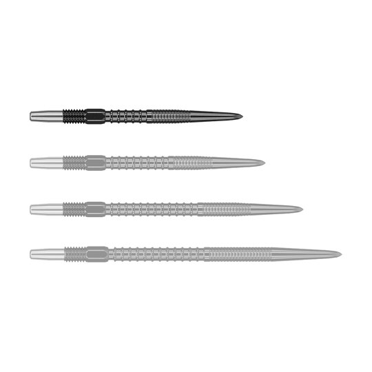 Auf dem Bild sind vier schwarze Dartspitzen in einer Reihe zu sehen. Sie sind aus Metall und haben ein modernes, gerilltes Design.