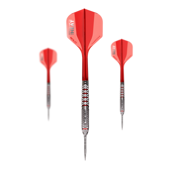 Ein Set Steeldarts der Damon Heta GEO QuickPoint Reihe ist dargestellt. Die Darts sind fein verarbeitet und modern.