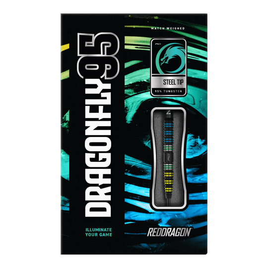 Red Dragon Dragonfly 95 freccette in acciaio coniche nere Auf dem Bild ist die Verpackung der "Red Dragon Dragonfly 95 Black Tapered Steeldarts" zu sehen. Die Schachtel hebt das Design der Darts sowie den Schriftzug und die Materialien hervor.