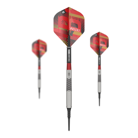 Freccette morbide Target Stephen Bunting GEN5 - 18 g Das Bild zeigt drei Softdarts des Modells "Target Stephen Bunting GEN5" mit einem Gewicht von 18g. Die Flights sind rot gemustert und tragen die Aufschrift "BULLET".