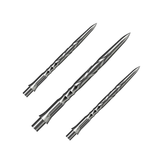 Punte per freccette in acciaio Caliburn System - HAN G2 - Argento Auf dem Bild sind drei silberne Steeldartspitzen mit einem spiralförmigen Muster zu sehen. Sie liegen nebeneinander auf einem neutralen Hintergrund.