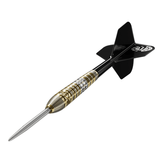 Freccette in acciaio Target Japan Hot Shot GEN2 - 23 g Das Bild zeigt einen Target Japan Hot Shot GEN2 Steeldart mit einem Gewicht von 23g. Der Dart hat einen metallischen, geriffelten Griffbereich und schwarze Flights.