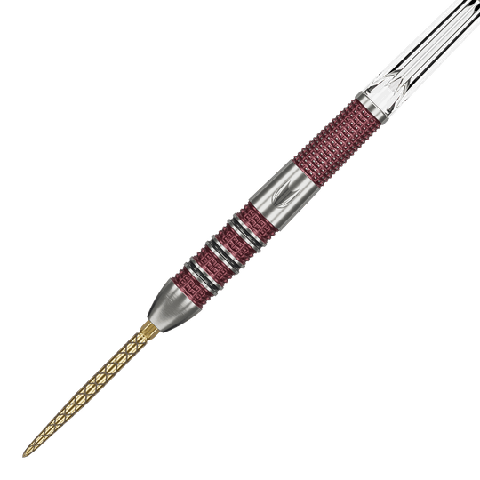 Freccette in acciaio Target Stephen Bunting 95K Swiss Point Dies ist ein Target Stephen Bunting 95K Swiss Point Steeldart. Der Dartpfeil hat eine silberne und rote Griffzone sowie eine goldfarbene Spitze.