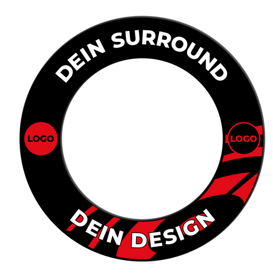 Cornice per bersaglio con il tuo design Abgebildet ist ein schwarzes Dartboard-Surround. Es schützt die Wand und verleiht dem Dartbereich ein elegantes Aussehen.
