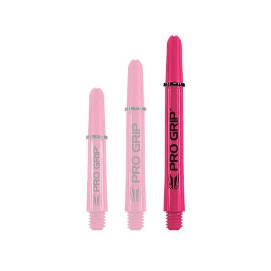 Target Pro Grip Shafts - 3 set - Rosa Das Bild zeigt drei pinke Pro Grip Shafts in verschiedenen Längen. Sie stehen nebeneinander und haben die Aufschrift "PRO GRIP".