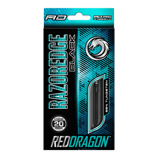 Red Dragon Razor Edge Freccette in acciaio nero Auf dem Bild ist eine Verpackung von Red Dragon Razor Edge Black Steeldarts zu sehen. Die Darts wiegen 20 Gramm und bestehen zu 85 % aus Wolfram.