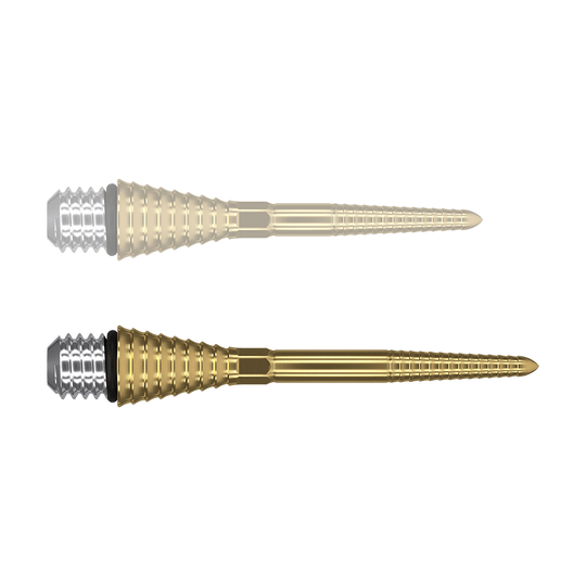 380179_Target_Titanium_Swiss_Point_Grooved_Conversion_Points_Gold_30mm_1yulRWxeJOtNkw Das Bild zeigt zwei goldfarbene, gerillte Konversionsspitzen für Darts. Sie haben einen silbernen Schraubkopf und sind schlank und spitz zulaufend.