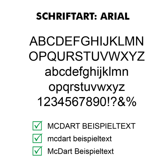 Flightdruck_Schriftart_ArialK5wBmVau0zuWE Das Bild zeigt eine Beschreibung für das Produkt „4-Seitig Bedruckte Flights - Wunschtext - MDX“. Es werden die Vorteile des Produkts hervorgehoben, darunter schneller Versand, attraktive Preise und hochwertige Qualität.