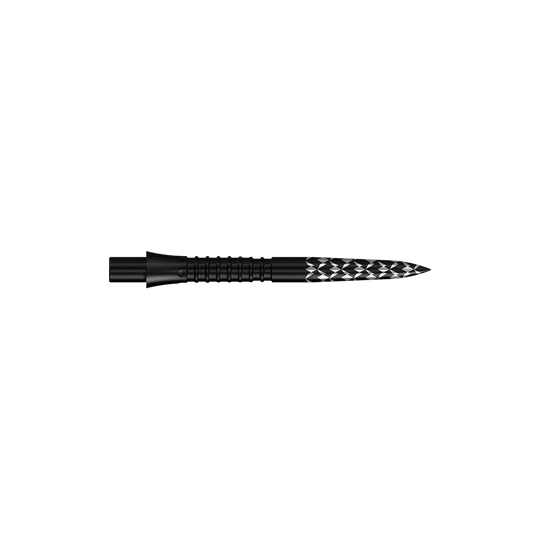 Punte per freccette Mission Caliburn EVO con logo GV - Nero Schwarze Steeldartspitzen mit GV-Logo und einer Länge von 26 mm sind zu sehen. Das Bild zeigt das Produkt aus der Mission Caliburn EVO Serie.
