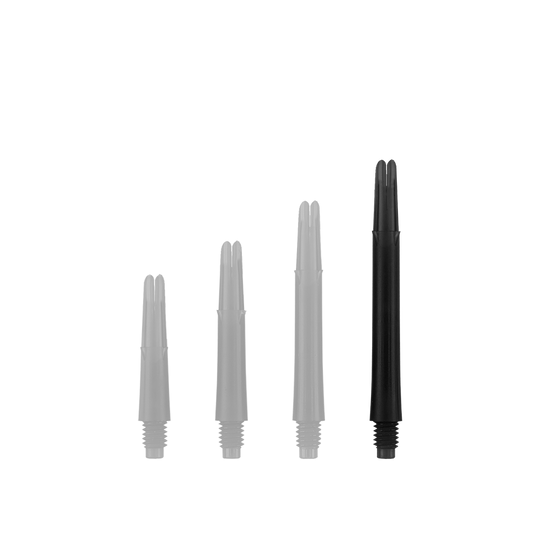 L-L-Style-Shafts Locked Straight - Black Auf dem Bild sind vier schwarze Dartschäfte in unterschiedlichen Längen zu sehen. Sie stehen nebeneinander aufrecht auf weißem Hintergrund.