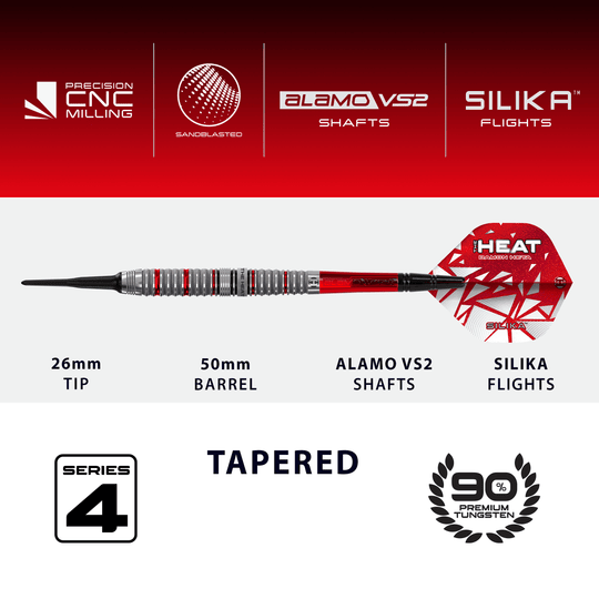 Freccette morbide Damon Heta Series 4 di Harrow Das Bild zeigt die Harrows Damon Heta Series 4 Softdarts. Diese Softdarts sind für Fans und Spieler von hoher Qualität.