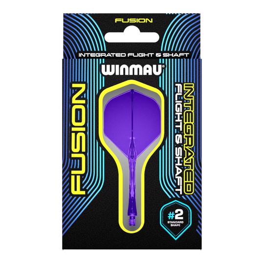 Sistema di alberi di volo Winmau Fusion standard viola Auf dem Bild ist eine Verpackung mit einem lila Dart-Flug- und Schaftsystem der Marke Winmau zu sehen. Die Verpackung trägt die Aufschrift "Fusion Integrated Flight & Shaft" und hebt die Standardform #2 hervor.