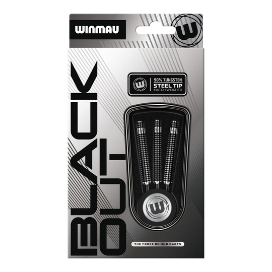 Freccette in acciaio Winmau Blackout Variant 1 Das Bild zeigt die Winmau Blackout Variante 1 Steeldarts. Diese Steeldarts sind aus Tungsten gefertigt und für Präzision entwickelt.